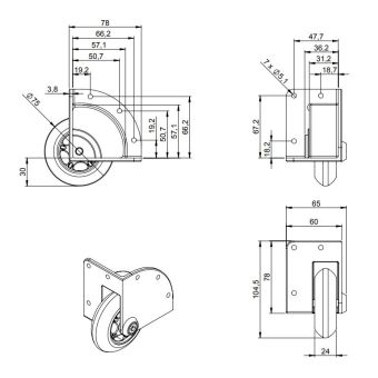Einbau Eckrolle mit weichem Rad - 75 mm