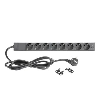19" Steckdosenleiste mit 8 Ausgängen und 1 Dual-USB-Ladefunktion