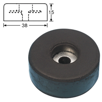 Gummifuß im Vordergrund. Links oben Zeichnung des Gummifußes mit angegebenen Abmessungen