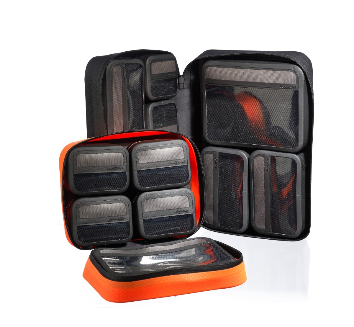 GUARDIQUE MMS — complete modular magnetic pouch set in black with orange details, P1-P5 pouches
