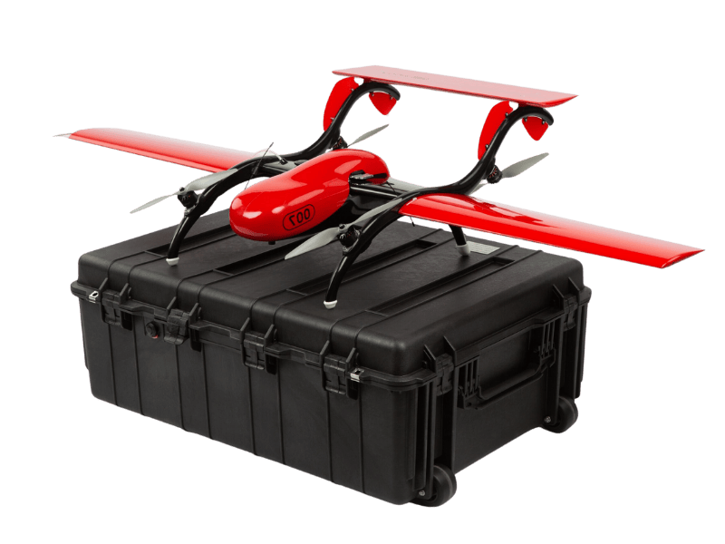 Red drone on professional protective case